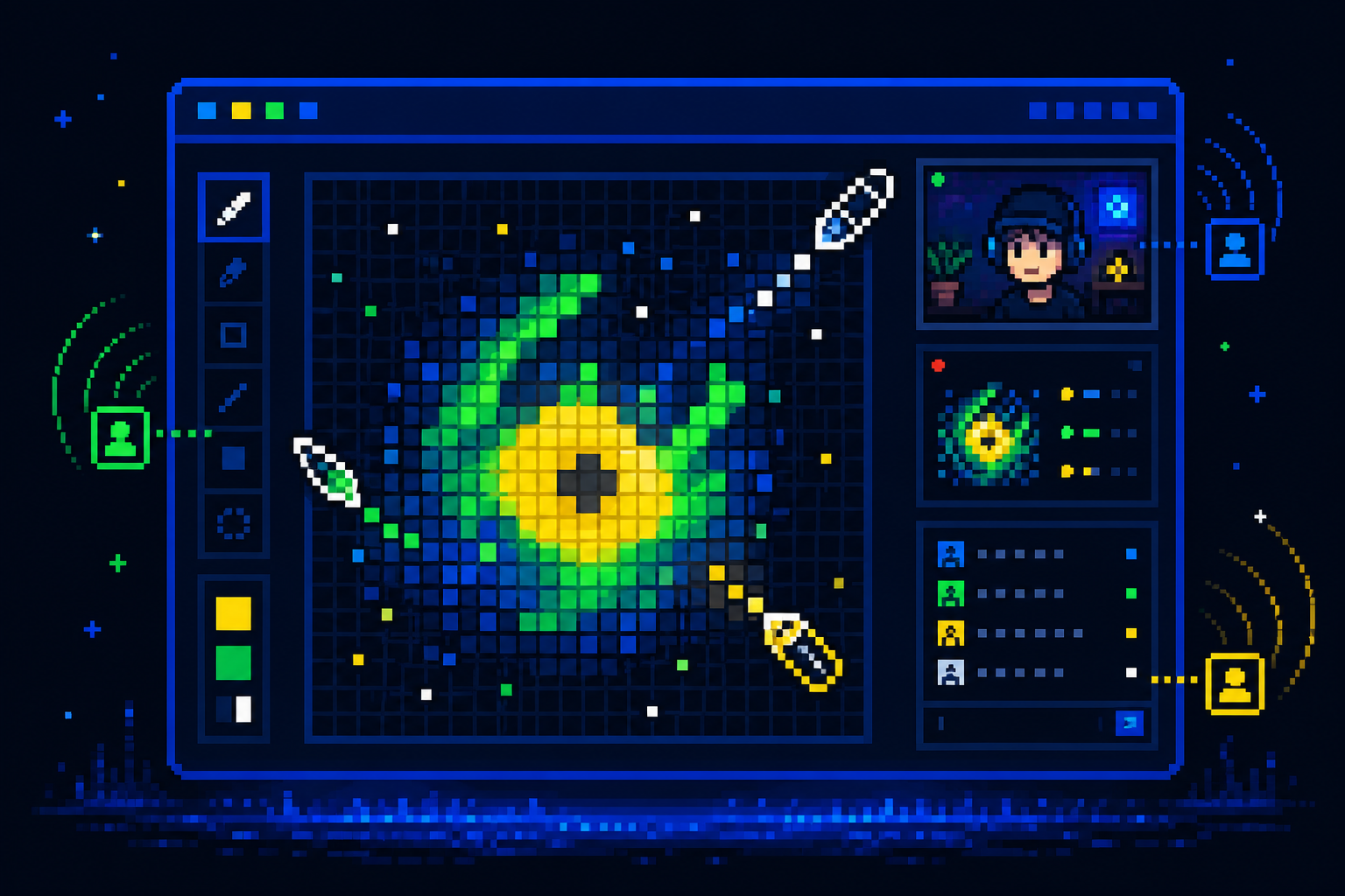 Pixel-art illustration of a live collaborative painting room